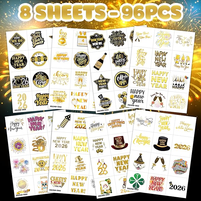 Happy New Year 2026 Temporary Tattoos Stickers – 96PCS Gold New Year’s Eve Party Favors, Decorations, Countdown Celebration Supplies, Holiday Festival Accessories Gifts for Kids and Adults