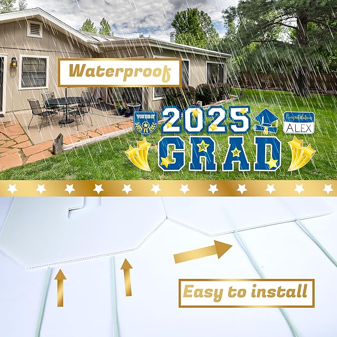 Graduation Yard Sign 2025 with Stakes, Large 2025 Graduation Lawn Signs Set (13 Pcs in Blue and White with Personalized Name DIY Board) Graduation Decorations for Grad Party Indoor or Outdoor