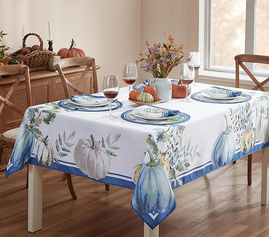 Home Bargains Plus Thanksgiving Contemporary Blue Pumpkin Tablecloth, 60 x 102 Inch Rectangle, Fall Harvest Easy Care Fabric Table Cover