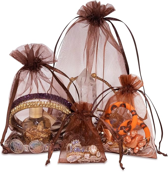 TheDisplayGuys 100-Pack 6x8 Brown Sheer Organza Gift Bags with Drawstring, Jewelry Candy Treat Wedding Party Favors Mesh Pouch