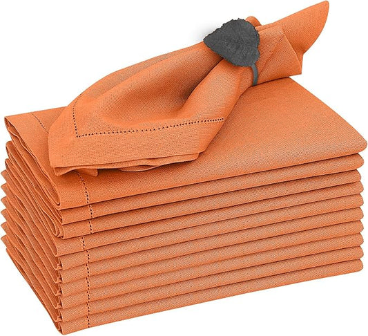 Ruvanti Premium Linen Napkins Set of 12-20x20 Inch, Classic Hemstitch, Mitered Corner Cloth Napkins - Soft, Elegant Dinner Napkins Cloth Washable for Weddings, Parties, Everyday Use - Fall/Orange
