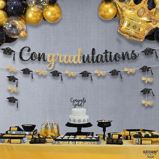 Katchon Congratulations Banner - 10ft | Pre-strung Black And Gold Graduation Banner 2025 | Graduation Decorations 2025 For Party | Congrats Grad banner, Grad Sign, graduation Garland Class Of 2025