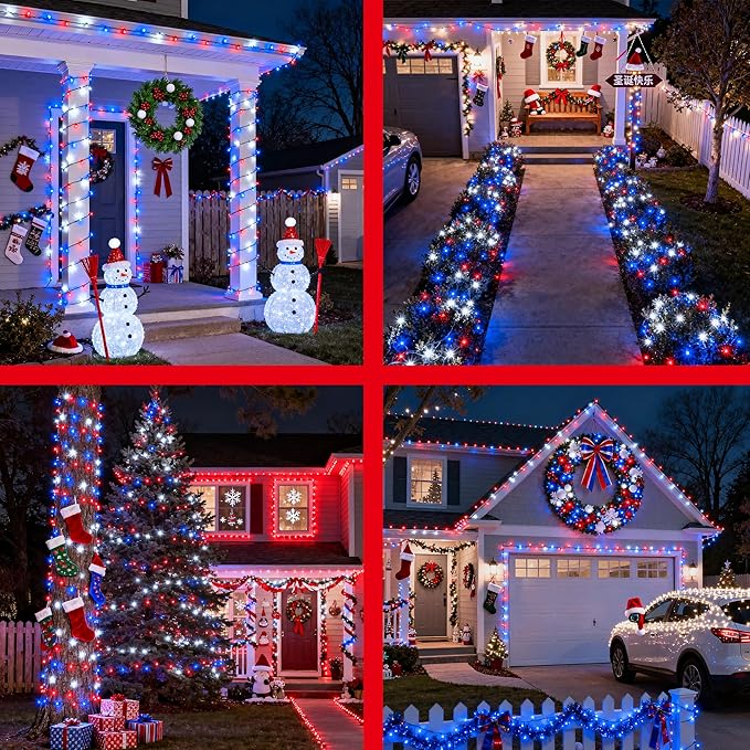 240FT 750LED Christmas Lights,12 Modes Red Blue and White Outdoor String Lights with Timer Dimmable, Waterproof Green Wire Christmas String Lights for Indoor Tree Xmas Patio Fence Wedding Party Decor