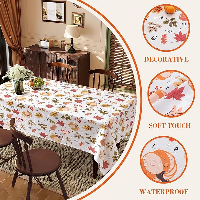 Thanksgiving Waterproof Tablecloth – Fall Harvest Pumpkins, Maple Leaves & Berries Print – Autumn Rectangle Table Cover for Dining or Party, White, W52 x L70 in