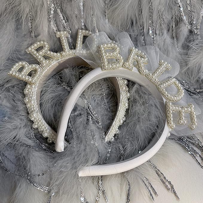 Pearl Veil Bride Headband, White Satin Hairband with 'BRIDE' Decorated by Pearl and Rhinestone, Bridal Hairband for Bachelorette Party Decorations, Women's Hair Accessory