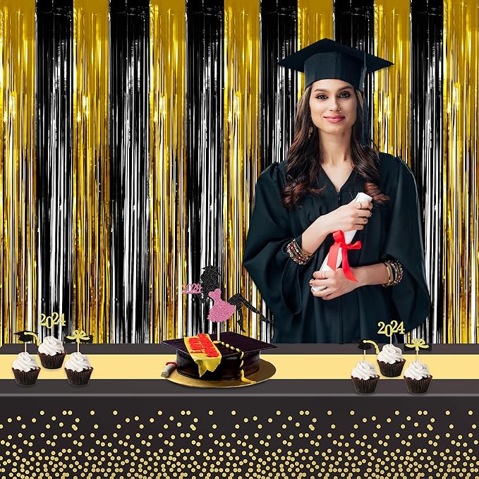 GREATRIL Black Gold Party Table Covers Tablecloth for Graduations/New Years Eve/Ceremony/Birthdays Decorations Rectangle Tablecover 54'' x 108'' - 2 Packs