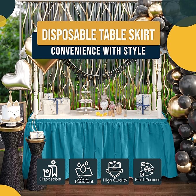 Exquisite Ruffle Table Skirt Turquoise 6 Pack 14 Ft Long for Rectangle 6ft Plus or Round Tables With Adhesive Strip for Gender Reveal Decor & Happy Birthday Parties