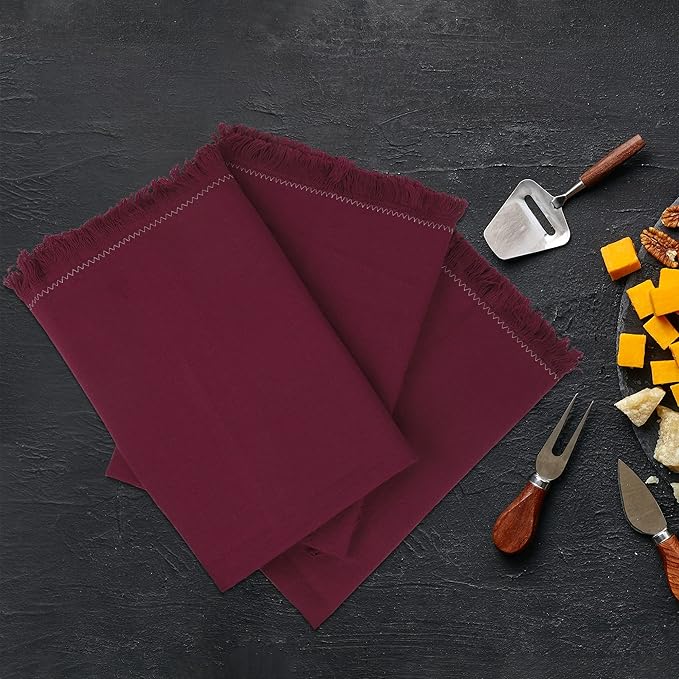 Dinner Cloth Napkins Set of 12, Premium Soft Cotton 20x20 Inches, Highly Absorbent, Hotel Quality Reusable & Washable Dinner Napkins with Fringe Corner Napkins for Home & Weddings - Burgundy