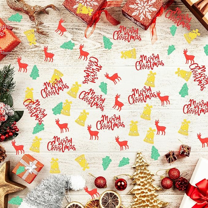 VHUWE Christmas Confetti, 200 Pcs Glitter Gold Bell Red Elk Green Tree Red MerryChristmas for Christmas Table Centerpiece Decorations Birthday Winter Holiday Party Décor - Glitter Paper