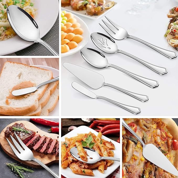 LIANYU 77-Piece Silverware Flatware Set for 12, Plus Steak Knives and Serving Utensils, Stainless Steel Flatware Cutlery Set, Eating Utensils Tableware with Scalloped Edge, Dishwasher Safe