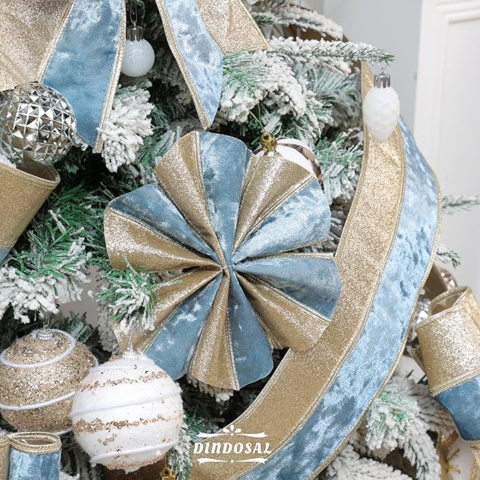 Dusty Blue Velvet Wired Christmas Ribbon 4 Inch Extra Wide Thick Blue and Gold Glitter Holiday Ribbon – 10-Yards Roll for Tree Decorations, Gift Wrapping, Wreaths, and DIY Crafts