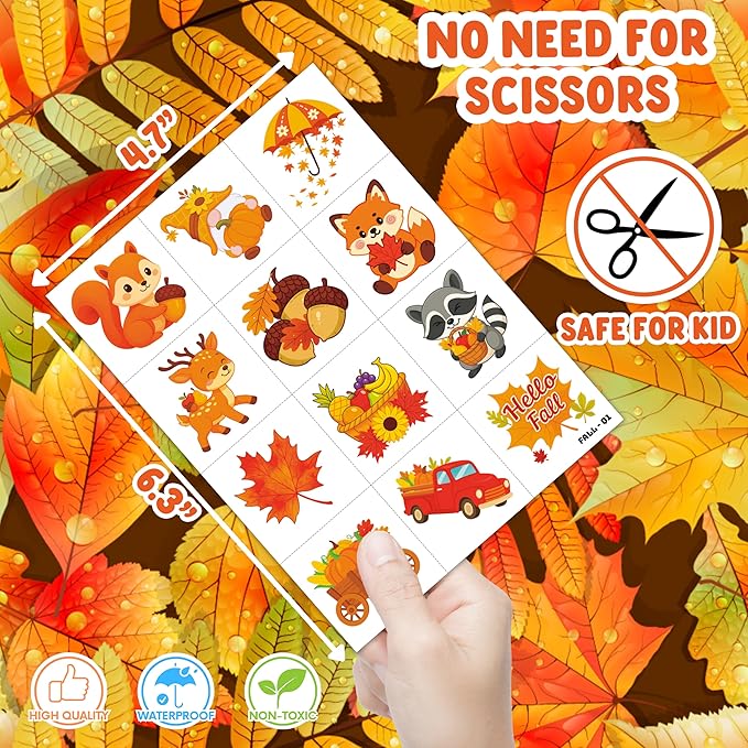 96 PCS Hello Fall Autumn Leaves Animal Pumpkin Pre-Cut Temporary Tattoos for Kids | Cute Themed Birthday Party Favors, Supplies, Decorations, Fake Tattoo Stickers, School Rewards Gifts & Boys & Girls