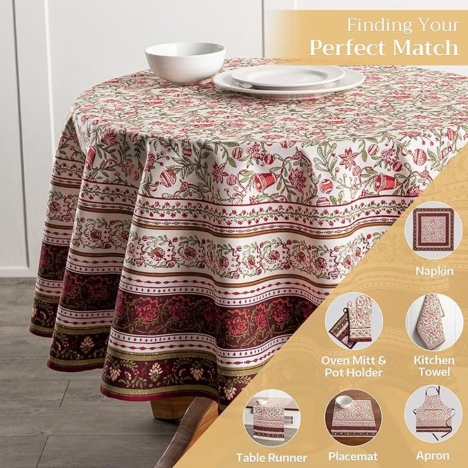 Maison d' Hermine Table Cloth Round Table 100% Cotton 63 Inches Fall Tablecloth Reusable Everyday Use for Thanksgiving Christmas Decorations Dining Farmhouse Party (Reveillon Au Jardin)
