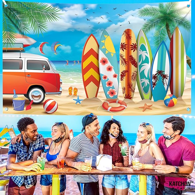 KatchOn, Xtralarge Beach Backdrop for Photography - 72x44 Inch | Aloha Blue Sky Ocean Palm Tree with Surfboard Background | Surfboard Backdrop, Surf Board Decoration | Surf Decorations For Party