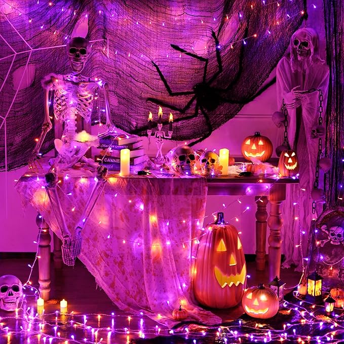 JMEXSUSS 33 FT 100 LED Halloween String Lights Indoor, Orange and Purple Halloween Lights Clear Wire, 8 Modes Outdoor Waterproof Christmas String Light Plug in