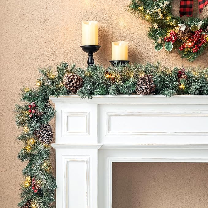 Glitzhome Set of 4 Prelit Christmas Garlands, 6FT Glittered Pinecones and Berries Green Pine Christmas Garlands with 50 Warm White Lights and Timer for Holiday Party Hanging Christmas Decorations