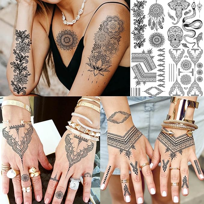 32 Sheets 89+ PCS Black Lotus Temporary Tattoos For Women Hands Adults Underboob, Tribal Indian Elephant Skull Snake Fake Tattoos, Bulk Bohemia Butterfly Tattoo Kit Sets Mandala Flower Moon