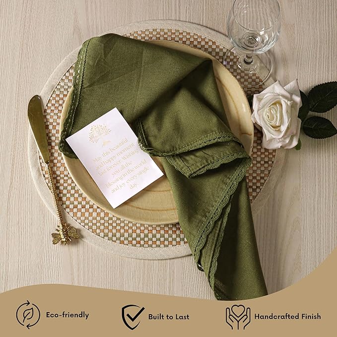 Ramanta Home Linen Flax Cloth Napkins Set of 24 | 18x18 Inch | Premium Cotton Linen Flax Lace Soft & Durable | Washable Ideal for Everyday Use Parties Thanksgiving Christmas Halloween Olive Green