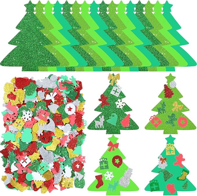 24 Kits DIY Christmas Tree Foam Stickers Bulk Self Adhesive Holiday Winter Glitter Foam Stickers Christmas Tree Craft Kits for Party Favors Fun Home Activities