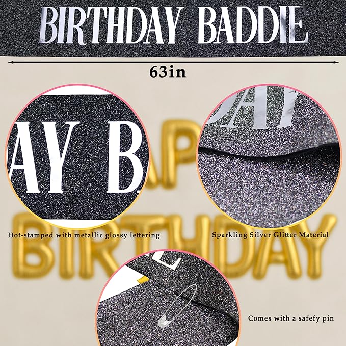 Birthday Sash, BIRTHDAY BADDIE Sash Birthday Sash for Women Girls Men Black Glitter Sash with Silver Foil Sparkly Scallion Decorations for Party Supplies