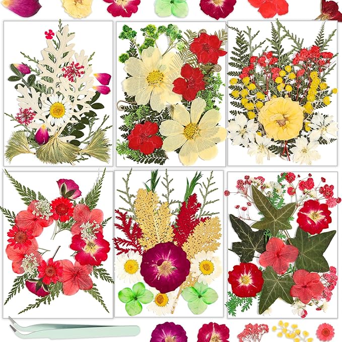 Dried Flowers, Resiners 6 Pack Pressed Flowers for Christmas Craft 100% Real Natural Dried Flowers Kits for Christmas DIY Making Crafts Resin Soap Candle Making Jewelry Scrapbook Supplies Card