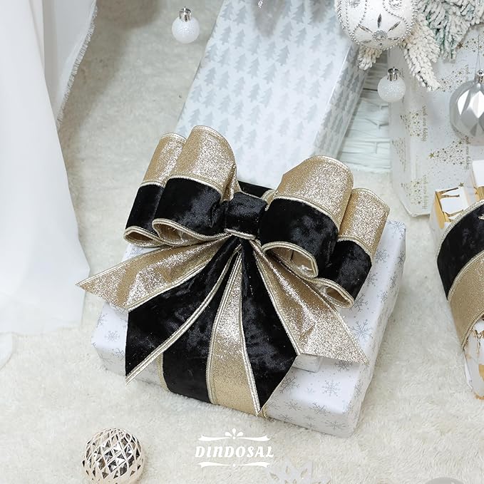 Black Velvet Wired Christmas Ribbon 4 Inch Extra Wide Thick Black and Gold Glitter Holiday Ribbon – 10-Yards Roll for Tree Decorations, Gift Wrapping, Wreaths, and DIY Crafts