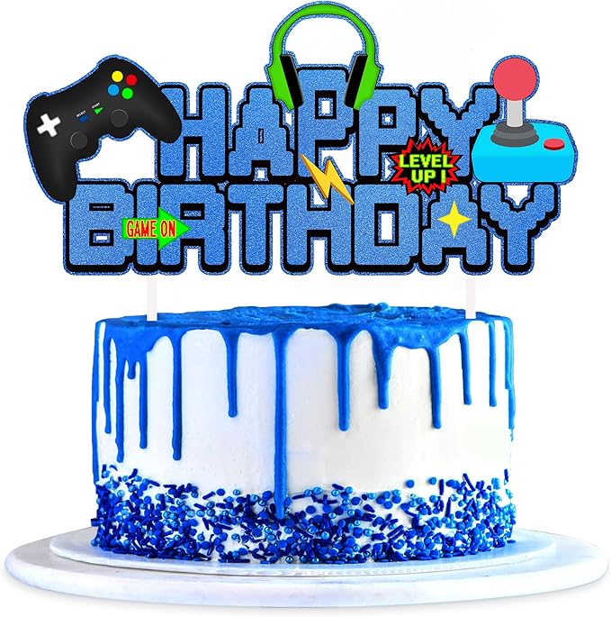 Video Game Birthday Cake Topper Glitter Blue Game Controller Happy Birthday Cake Topper - Game Cake Decorations Suit for Gamer Kids Boys Favors Game Cake Picks Birthday Party Supplies.