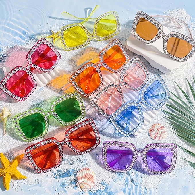 10/20 Pack Crystal Oversized Square Sunglasses Retro Diamond Glitter Sparkling Disco Glasses Party Favors