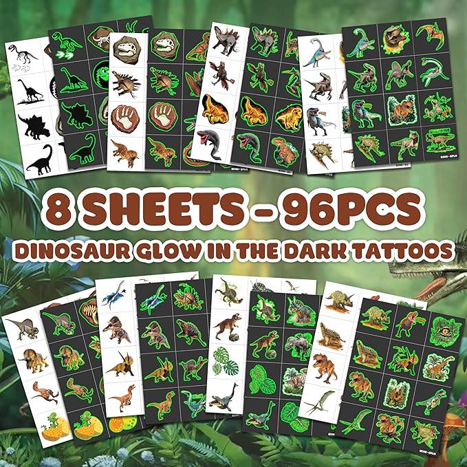 96 PCS Dinosaur 3D Pre-Cut Luminous Glow in the dark Temporary Tattoos for Kids | Super Cute Themed Birthday Party Favors, Supplies, Decorations, Funny Jungle Fake Tattoo Stickers Gifts for Boys Girls