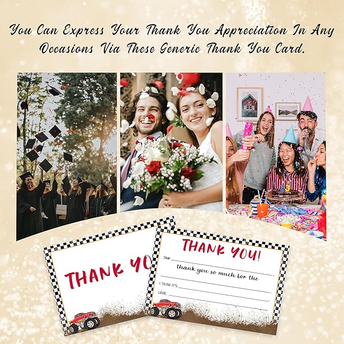 Kids Thank You Card, Truck Theme Thank You Notes, Racing Greeting Card With Envelope, Birthday Wedding Graduation Christmas Party Favors Supplies Decor(20 Pcs)-03