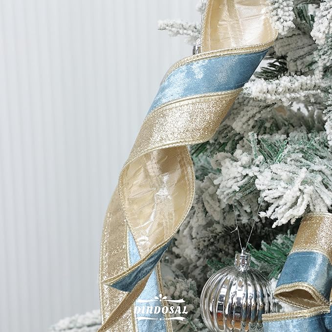 Dusty Blue Velvet Wired Christmas Ribbon 2.5 Inch Blue and Gold Glitter Holiday Ribbon – 10-Yards Roll for Tree Decorations, Gift Wrapping, Wreaths, and DIY Crafts