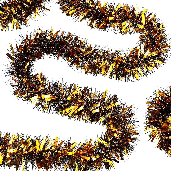 Dilunave 40 Feet Christmas Tinsel Garland Metallic Foil Twist Tinsel Garland Decoration for Christmas Tree, Wedding, Birthday and Party Hanging Decorations(Black, Gold)
