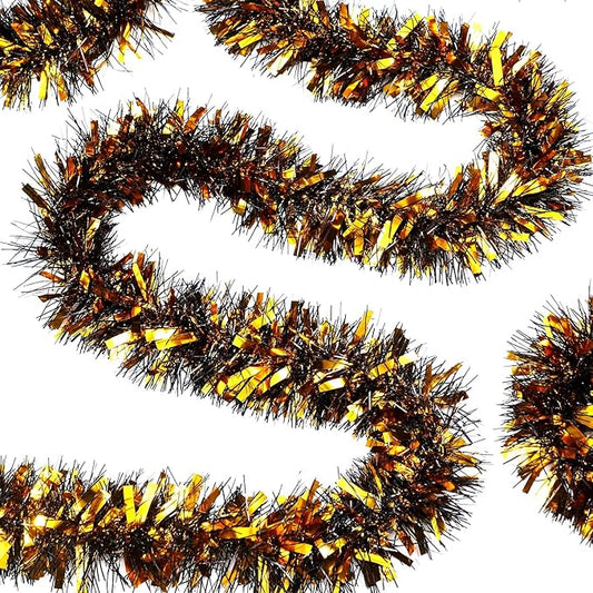 Dilunave 40 Feet Christmas Tinsel Garland Metallic Foil Twist Tinsel Garland Decoration for Christmas Tree, Wedding, Birthday and Party Hanging Decorations(Black, Gold)