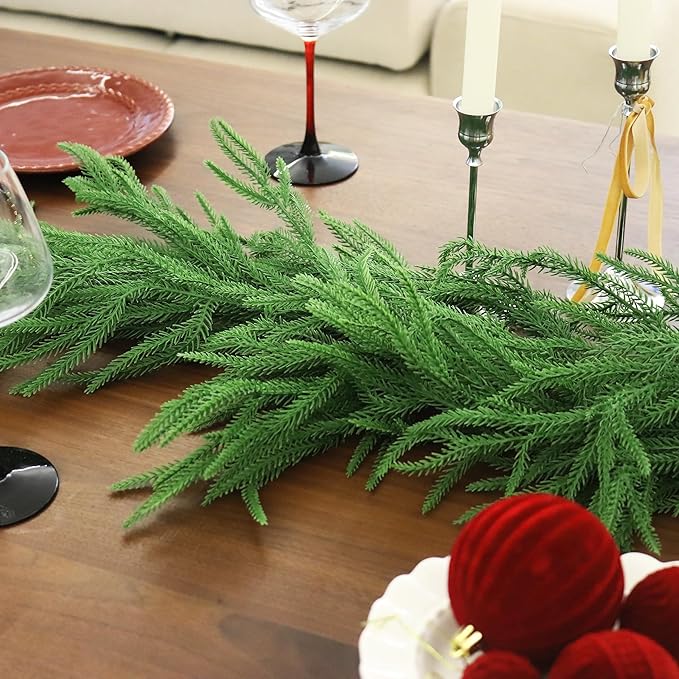 2PCS 9FT Christmas Garland Norfolk Pine Garland Real Touch Artificial Greenery Garland for Mantle Fireplace Table Indoor Outdoor Decor (Normal)