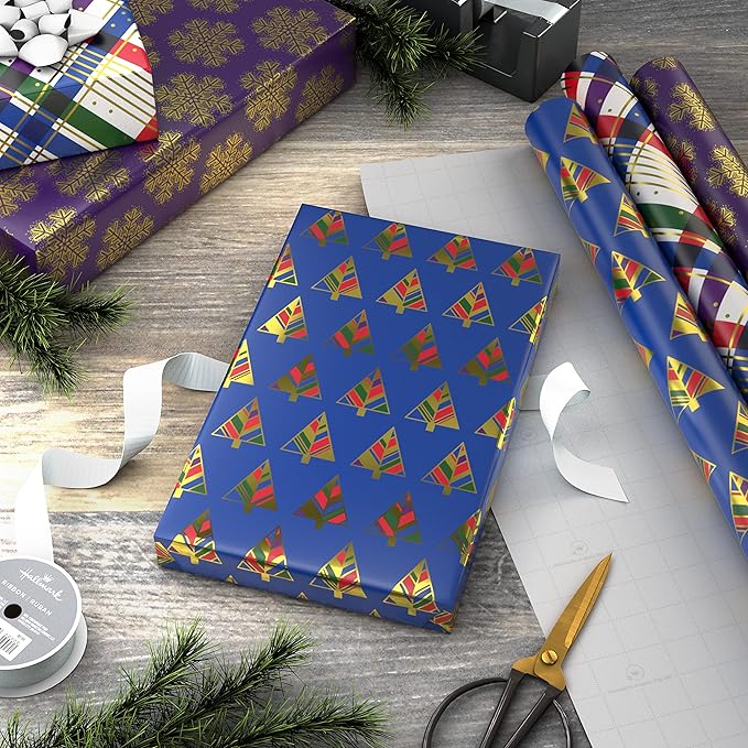 Hallmark Modern Christmas Wrapping Paper with Cutlines on Reverse (3 Rolls: 120 Sq. Ft. Total) Gold Snowflakes on Purple, Jewel-Tone Trees, Plaid Stripes