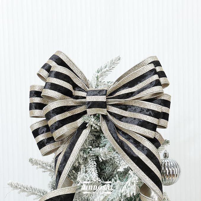 Black Velvet Wired Ribbon with Champagne Glitter Stripe 2.5 Inch Crushed Velvet Christmas Ribbon, 10 Yards for Gift Wrapping, Crafts, Christmas Tree Decorations, Wreath Supplies, Garlands