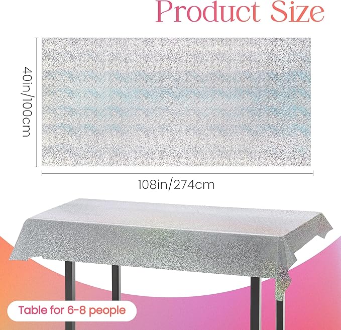 4 pcs Silver Holographic Tablecloths Shiny Disco Laser Table Cloths 40" x 108" Iridescence Plastic White Table Cover for Birthday Party Decoration Wedding Christmas Winter Grad Party Supplies