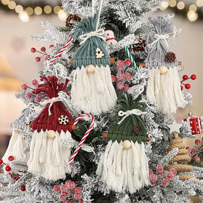 6 Set DIY Christmas Macrame Gnomes Santa Claus Kit, Christmas Handmade Knitted Gnome Ornaments with Pinecone Snowflake Cane Hat Hanging Gnomes Craft for Xmas Tree Holiday Party Decor with Instruction