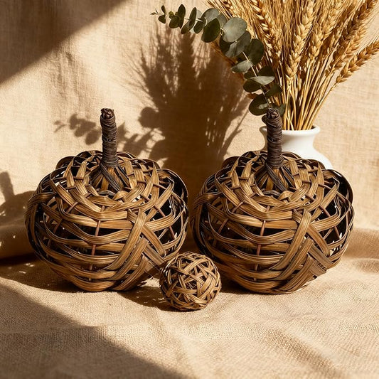 2Pcs 5 inch Bamboo Woven Artificial Pumpkin Decorations, Antique Bronze Handcrafted Woven Fake Pumpkins, Rustic Handmade Bamboo Weaving Crafts, Realistic Table Centerpiece Decorations For Indoor Decor