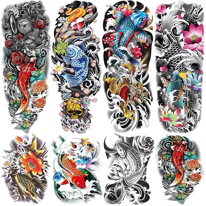 Realistic Fish Temporary Tattoo Sleeve for Women Leg, 4-Sheet Full Arm Color Fish Flower Fake Tattoo Sleeve Adult Girl and 4-Sheet Large Fish Floral Half Temp Tatoo Sticker Thigh Makeup Body Art