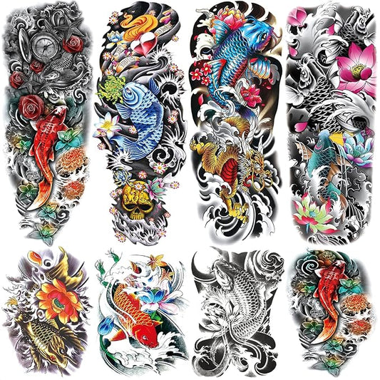 Realistic Fish Temporary Tattoo Sleeve for Women Leg, 4-Sheet Full Arm Color Fish Flower Fake Tattoo Sleeve Adult Girl and 4-Sheet Large Fish Floral Half Temp Tatoo Sticker Thigh Makeup Body Art