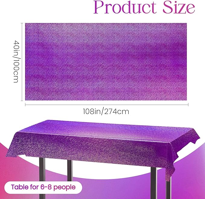 2 pcs Purple Holographic Plastic Tablecloths Laser Table Covers 40" x 108" Foil Disposable Table Cloths for Party Birthday Wedding Christmas Holiday Party Decorations