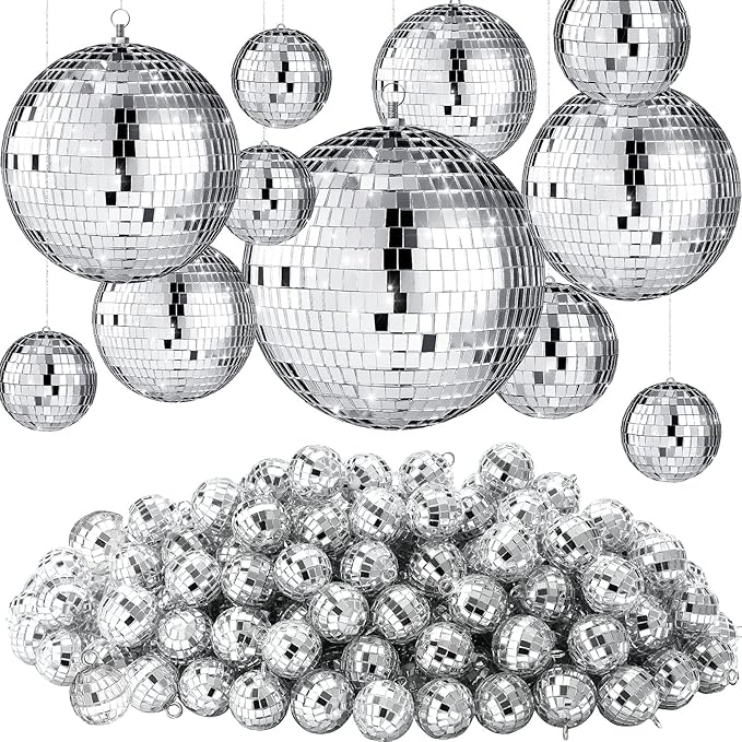 Hoolerry 65 Pcs Disco Balls Ornaments Reflective Hanging Disco Ball Decorations with Hook Assorted Silver Ball for Mardi Gras 70s Disco Themed Wedding Bachelorette Party(8/4/ 3.2/2.4/1.6/0.8 in)