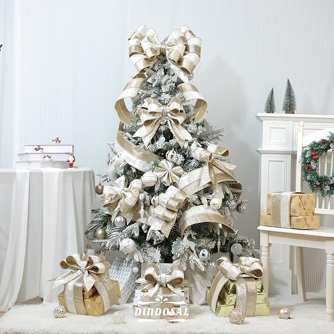 Ivory Velvet Wired Christmas Ribbon 4 Inch Extra Wide Thick Ivory and Gold Glitter Holiday Ribbon – 10-Yards Roll for Tree Decorations, Gift Wrapping, Wreaths, and DIY Crafts