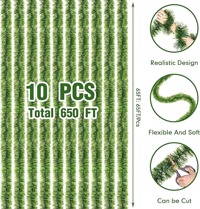 Hotop 10 Pcs 650 FT Christmas Garland Bulk Decorations Artificial Pine Garland for Christmas Xmas Greenery for Mantle Table Fireplace Tree Stairs Railing Door Holiday Decoration Supplies