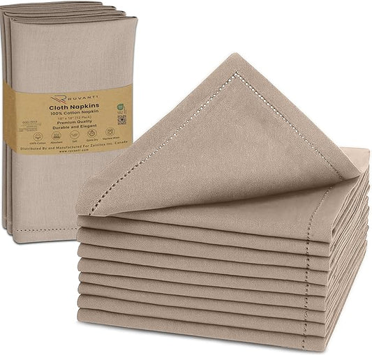 Ruvanti Cloth Napkins - 100% Cotton Dinner Napkins, Hem Stitched Corners, 18x18 Inch, 12 Pack - Soft, Absorbent, Durable, Reusable, Wrinkle Resistant for Formal Dining & Everyday Use - Light Taupe