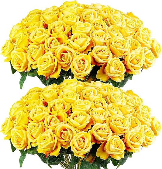 Auihiay 60PCS Yellow Roses Bulk, Yellow Velvet Silk Fake Roses, Realistic Flowers for Wedding Centerpieces, Bridal Bouquets, Home Decor, Baby Shower, Valentine's Day Party Decorations