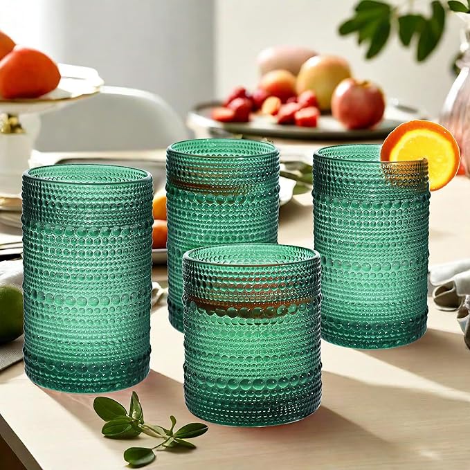 Vintage Hobnail Driinking Glasses Set, Glassware Drinking Set of 8, 12 oz Highball Glasses & 10 oz Cocktail Glasses, Tumbler Glasses for Cocktails, Whiskey, Juice, Milk