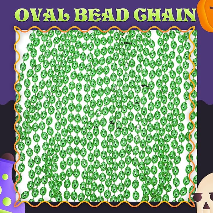 Riceshoot 200 Pcs Green Bead Necklace Bulk Mardi Gras Oval Beads Necklace Party Favors 33" 7mm Metallic Color Beaded Costume Necklaces for Halloween Christmas Festive Event Accessories