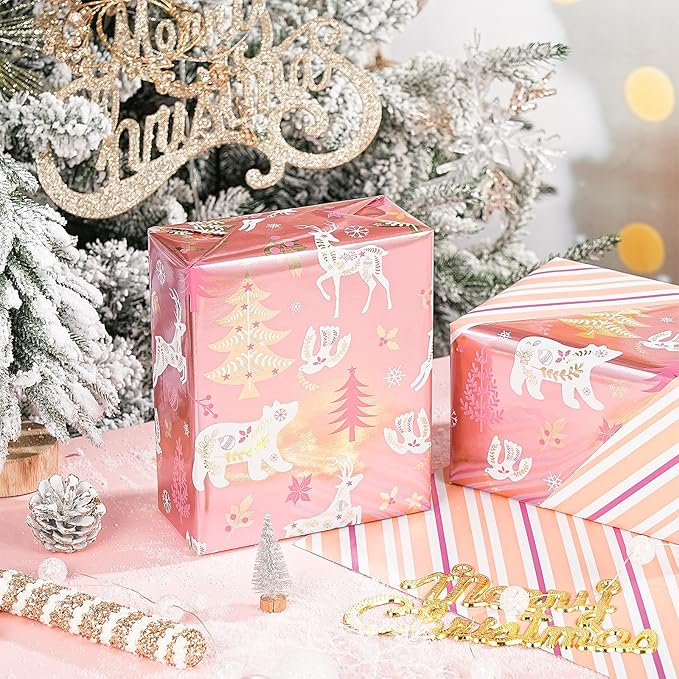 RUSPEPA Christmas Reversible Wrapping Paper Roll for Girls, Jumbo Roll, Rose Gold Foil Reindeer, Polar Bear, Tree, Floral Design, Pink White Stripes Gift Wrap for Holiday Gifts, 30 Inches x 32.8 Feet
